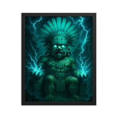 Tlaloc rain god in electric turquoise temple storm framed print on a plain backdrop in size 16"x20".