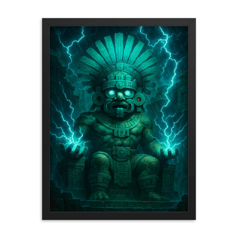 Tlaloc rain god in electric turquoise temple storm framed print on a plain backdrop in size 18