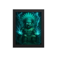 Tlaloc rain god in electric turquoise temple storm framed print on a plain backdrop in size 8"x10".