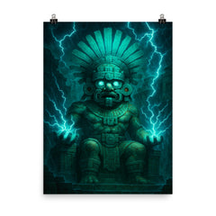 Tlaloc rain god in electric turquoise temple storm poster on a plain backdrop in size 8"x10".