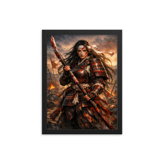 Tomoe Gozen after battle bloodied naginata framed print on a plain backdrop in size 12"x16".