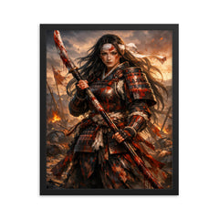 Tomoe Gozen after battle bloodied naginata framed print on a plain backdrop in size 16"x20".