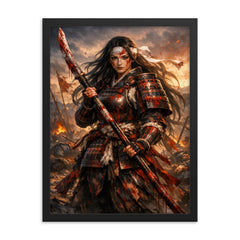 Tomoe Gozen after battle bloodied naginata framed print on a plain backdrop in size 18"x24".