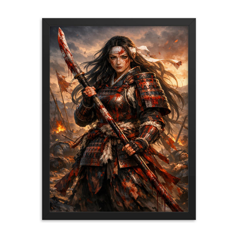 Tomoe Gozen after battle bloodied naginata framed print on a plain backdrop in size 18
