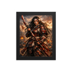 Tomoe Gozen after battle bloodied naginata framed print on a plain backdrop in size 8"x10".