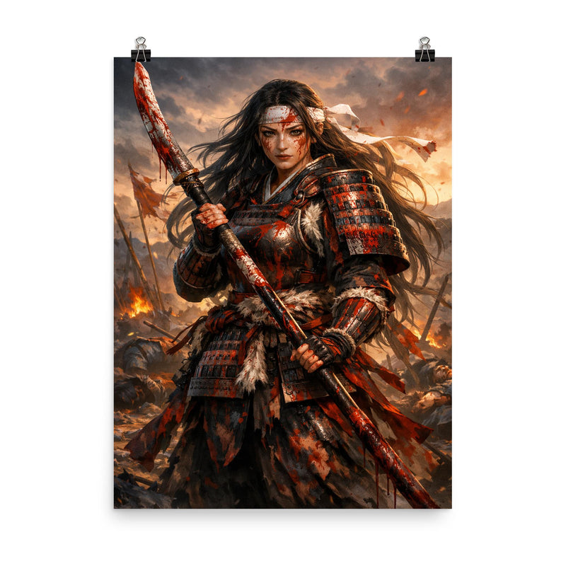 Tomoe Gozen after battle bloodied naginata poster on a plain backdrop in size 8