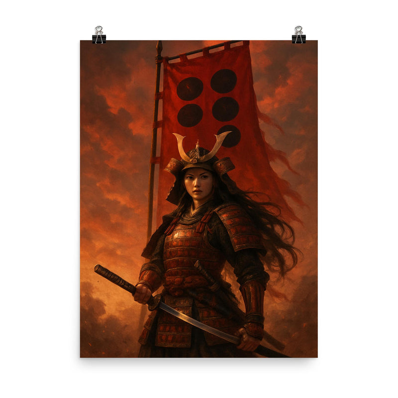 Tomoe Gozen beneath crimson battle standard poster on a plain backdrop in size 8