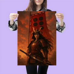 Tomoe Gozen beneath crimson battle standard poster 3