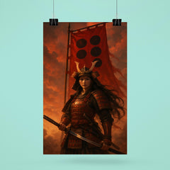Tomoe Gozen beneath crimson battle standard poster 6