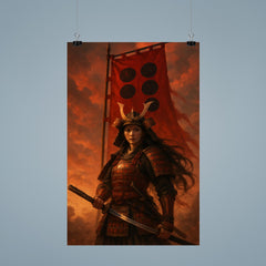 Tomoe Gozen beneath crimson battle standard poster 9