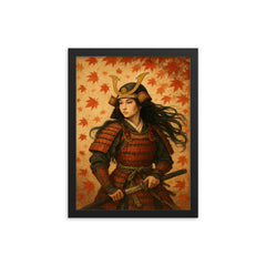 Tomoe Gozen beneath falling maple leaves framed print on a plain backdrop in size 12"x16".