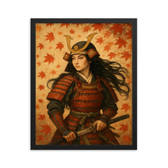 Tomoe Gozen beneath falling maple leaves framed print on a plain backdrop in size 16"x20".