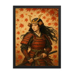 Tomoe Gozen beneath falling maple leaves framed print on a plain backdrop in size 18"x24".