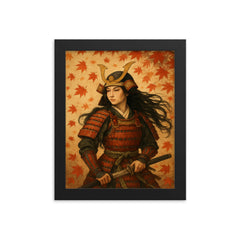 Tomoe Gozen beneath falling maple leaves framed print on a plain backdrop in size 8"x10".