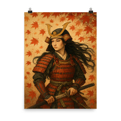 Tomoe Gozen beneath falling maple leaves poster on a plain backdrop in size 8"x10".