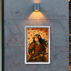 Tomoe Gozen beneath falling maple leaves poster 2
