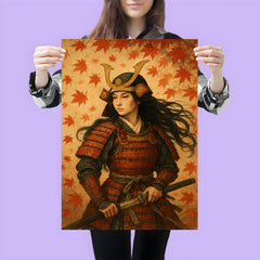Tomoe Gozen beneath falling maple leaves poster 3