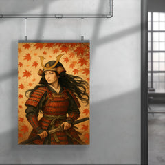 Tomoe Gozen beneath falling maple leaves poster 4