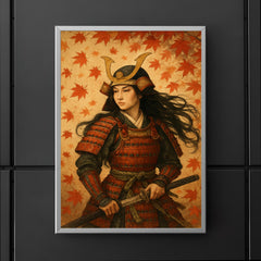 Tomoe Gozen beneath falling maple leaves poster 5