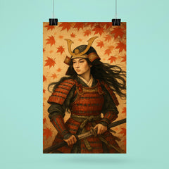 Tomoe Gozen beneath falling maple leaves poster 6