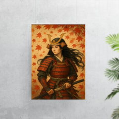 Tomoe Gozen beneath falling maple leaves poster 7