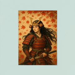 Tomoe Gozen beneath falling maple leaves poster 8