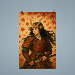 Tomoe Gozen beneath falling maple leaves poster 9