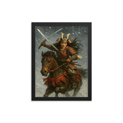 Tomoe Gozen charging through snowfall framed print on a plain backdrop in size 12"x16".