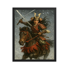 Tomoe Gozen charging through snowfall framed print on a plain backdrop in size 16"x20".