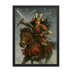 Tomoe Gozen charging through snowfall framed print on a plain backdrop in size 18"x24".