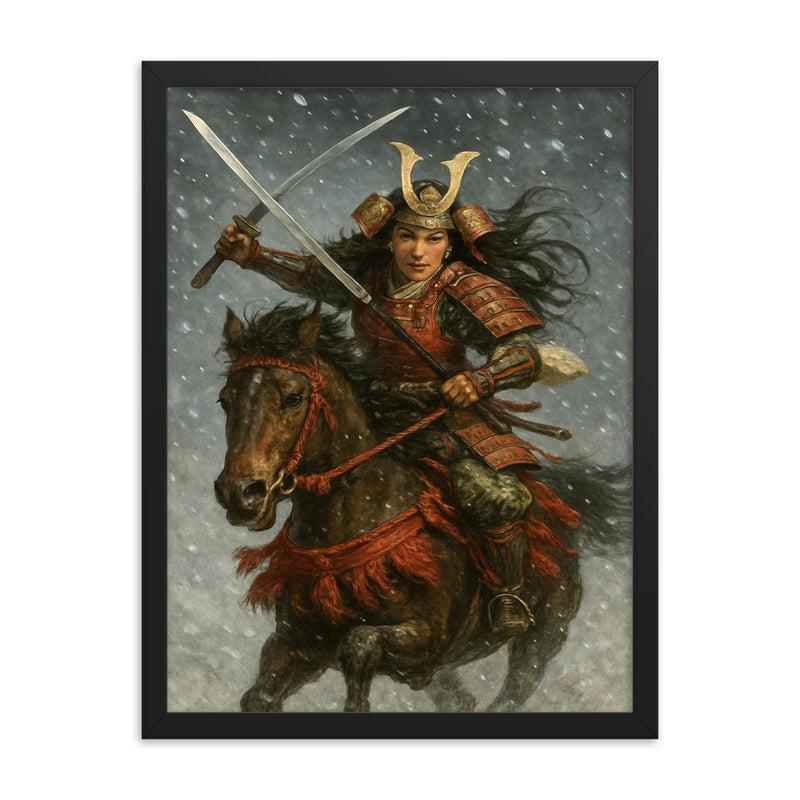 Tomoe Gozen charging through snowfall framed print on a plain backdrop in size 18