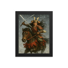 Tomoe Gozen charging through snowfall framed print on a plain backdrop in size 8"x10".