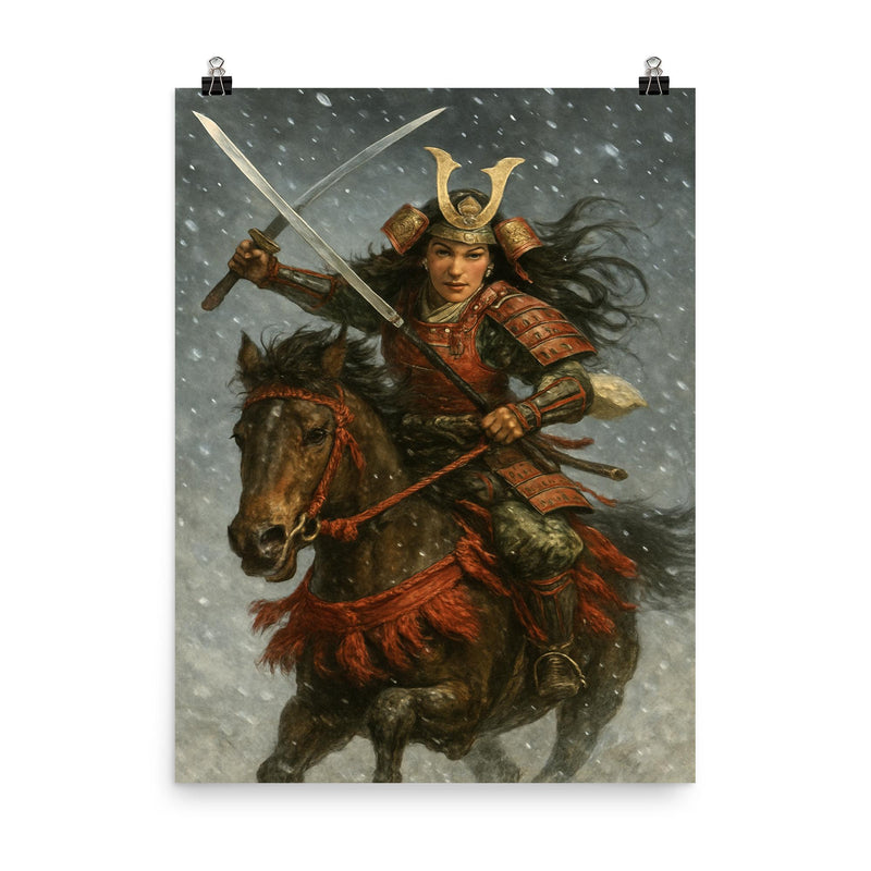 Tomoe Gozen charging through snowfall poster on a plain backdrop in size 8