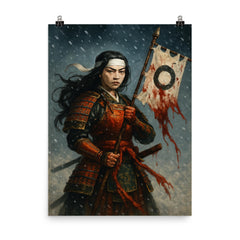 Tomoe Gozen holding severed standard in snowfall poster on a plain backdrop in size 8"x10".