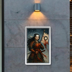 Tomoe Gozen holding severed standard in snowfall poster 2