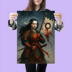 Tomoe Gozen holding severed standard in snowfall poster 3