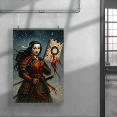 Tomoe Gozen holding severed standard in snowfall poster 4