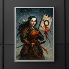 Tomoe Gozen holding severed standard in snowfall poster 5