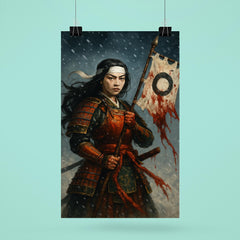Tomoe Gozen holding severed standard in snowfall poster 6