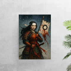 Tomoe Gozen holding severed standard in snowfall poster 7