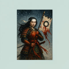 Tomoe Gozen holding severed standard in snowfall poster 8