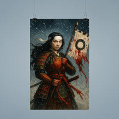 Tomoe Gozen holding severed standard in snowfall poster 9