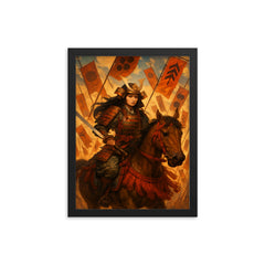 Tomoe Gozen on horseback amid falling banners framed print on a plain backdrop in size 12"x16".