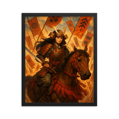 Tomoe Gozen on horseback amid falling banners framed print on a plain backdrop in size 16"x20".