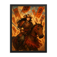 Tomoe Gozen on horseback amid falling banners framed print on a plain backdrop in size 18"x24".