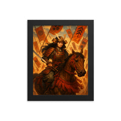 Tomoe Gozen on horseback amid falling banners framed print on a plain backdrop in size 8"x10".