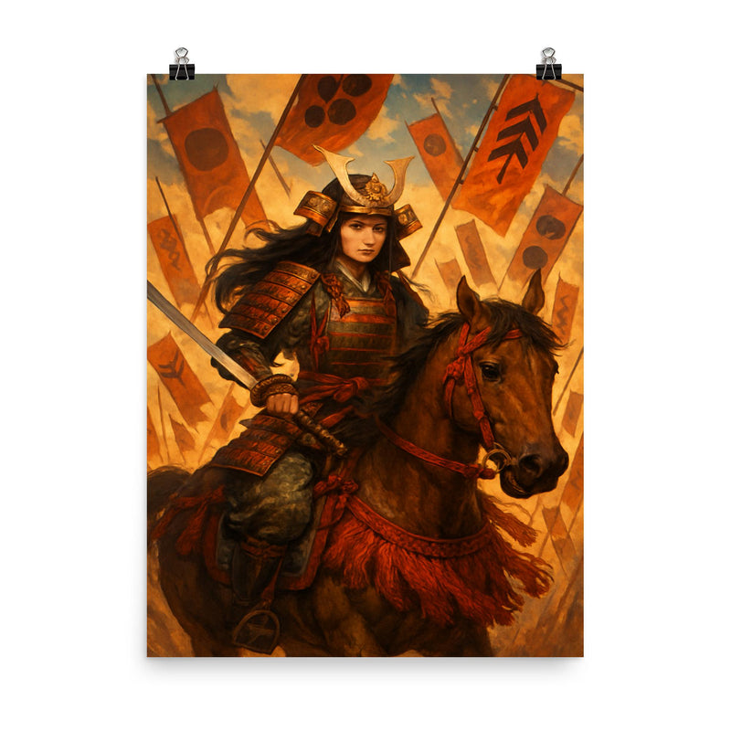 Tomoe Gozen on horseback amid falling banners poster on a plain backdrop in size 8