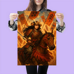 Tomoe Gozen on horseback amid falling banners poster 3