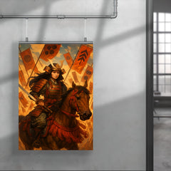 Tomoe Gozen on horseback amid falling banners poster 4