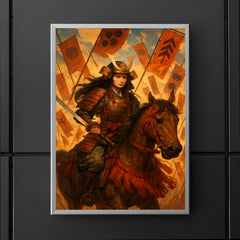 Tomoe Gozen on horseback amid falling banners poster 5